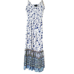 Angie Womens Large Dress Smocked Bohemian Hippie Boho Floral Maxi Blue Tiered